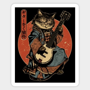 Samurai Cat Playing The Electric Guitar Magnet